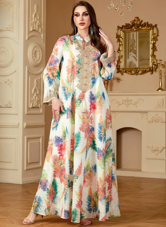 Take Two Women Leaf Print Embroidered Patch Jalabiya